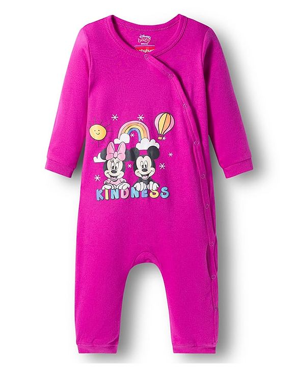 Babyhug Disney Interlock Knit Full Sleeves Romper with Minnie Mouse Graphics - Fuchsia