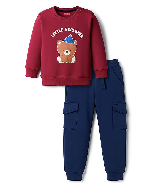 Babyhug Terry Knit Full Sleeves T-Shirt & Lounge Pant Set With Teddy Bear Print - Red & Blue