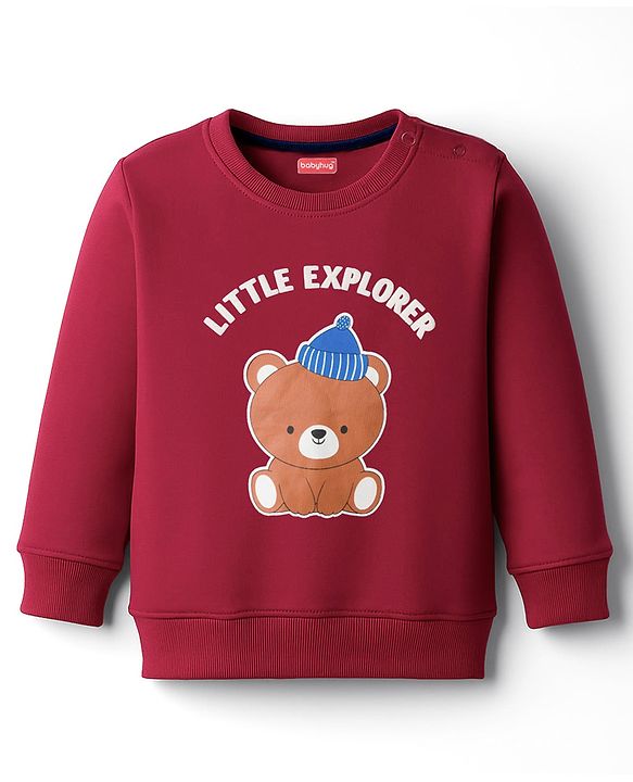 Babyhug Terry Knit Full Sleeves T-Shirt & Lounge Pant Set With Teddy Bear Print - Red & Blue