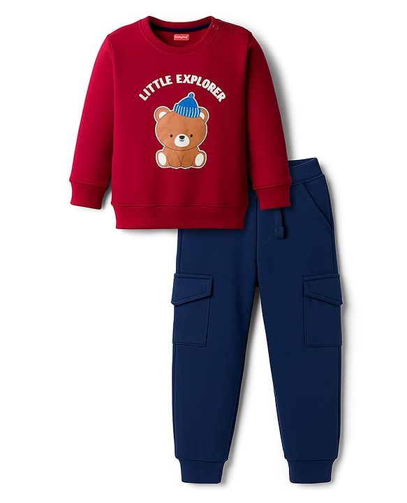 Babyhug Terry Knit Full Sleeves T-Shirt & Lounge Pant Set With Teddy Bear Print - Red & Blue