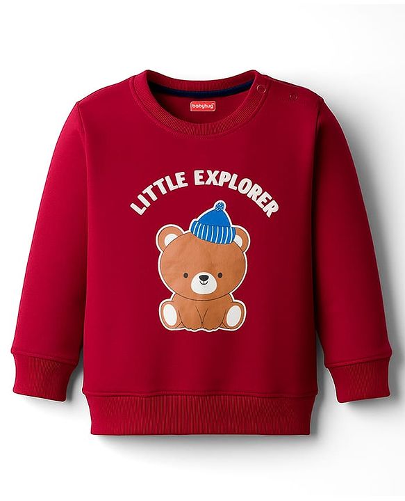 Babyhug Terry Knit Full Sleeves T-Shirt & Lounge Pant Set With Teddy Bear Print - Red & Blue