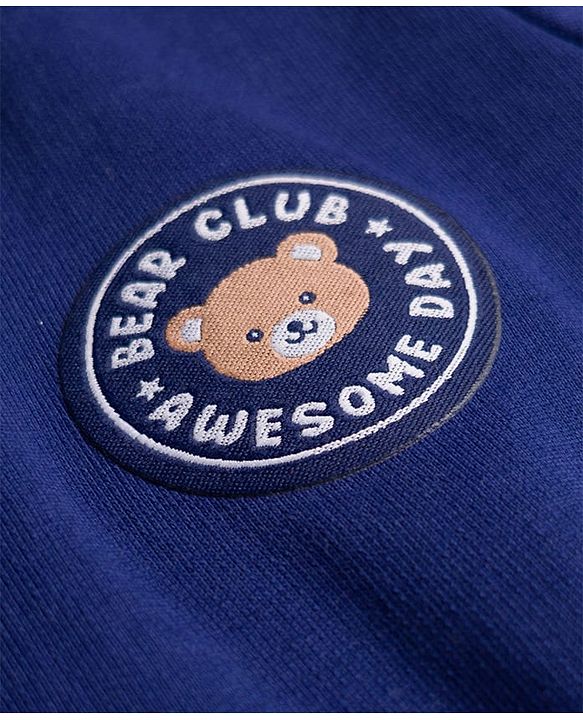 Babyhug Terry Knit Full Sleeves T-Shirt & Lounge Pant Set With Teddy Bear Badge - Navy Blue & Brown
