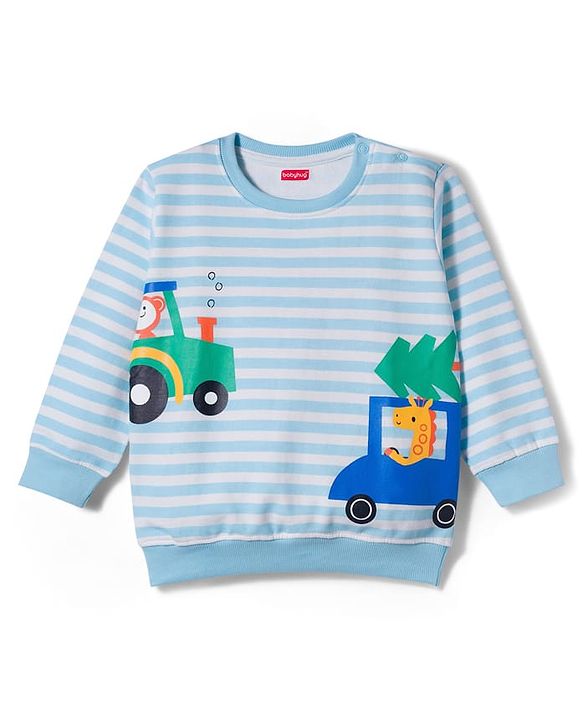 Babyhug Single Jersey Knit Full Sleeves T-Shirt & Lounge Pant Set with Animal Print & Stripes - Light Blue