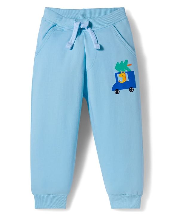 Babyhug Single Jersey Knit Full Sleeves T-Shirt & Lounge Pant Set with Animal Print & Stripes - Light Blue
