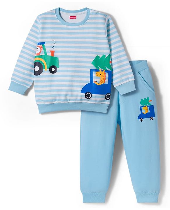 Babyhug Single Jersey Knit Full Sleeves T-Shirt & Lounge Pant Set with Animal Print & Stripes - Light Blue