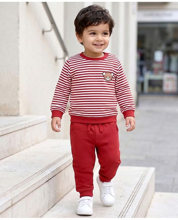 Babyhug Single Jersey Knit Full Sleeves Striped T-Shirt & Lounge Pant - Maroon
