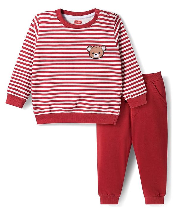 Babyhug Single Jersey Knit Full Sleeves Striped T-Shirt & Lounge Pant - Maroon
