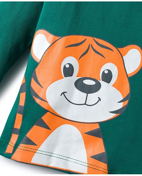 Babyhug Single Jersey Knit Full Sleeves T-Shirt & Lounge Pant Set with Tiger Graphic - Yellow & Green