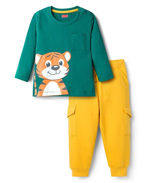 Babyhug Single Jersey Knit Full Sleeves T-Shirt & Lounge Pant Set with Tiger Graphic - Yellow & Green
