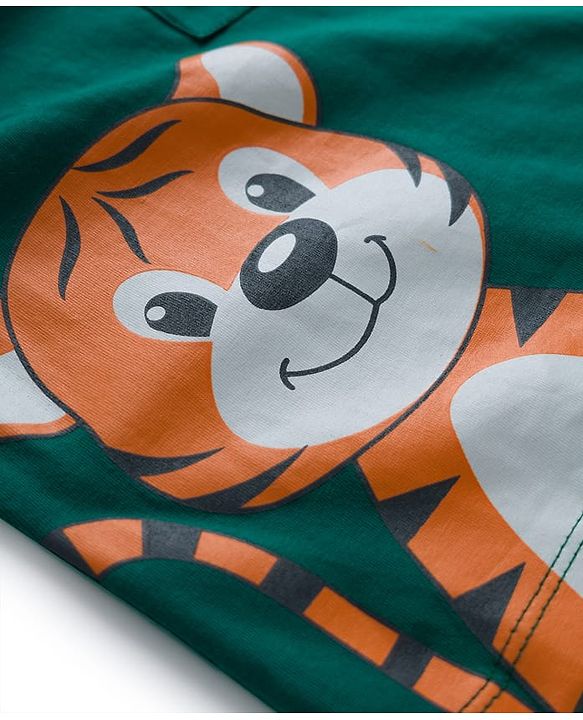 Babyhug Single Jersey Knit Full Sleeves T-Shirt & Lounge Pant Set with Tiger Graphic - Yellow & Green