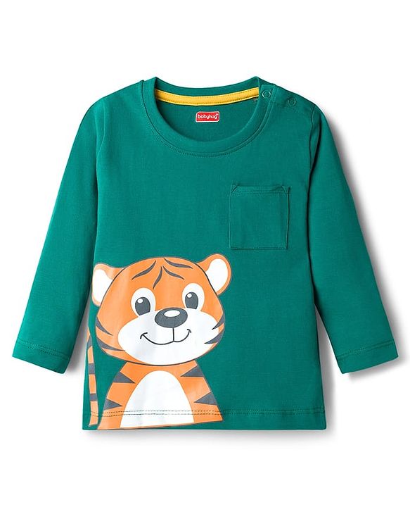 Babyhug Single Jersey Knit Full Sleeves T-Shirt & Lounge Pant Set with Tiger Graphic - Yellow & Green