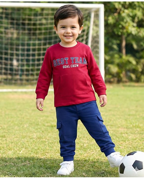 Babyhug Single Jersey Knit Full Sleeves Text Printed T-Shirt & Lounge Pant with Kangaroo Pockets - Red & Blue