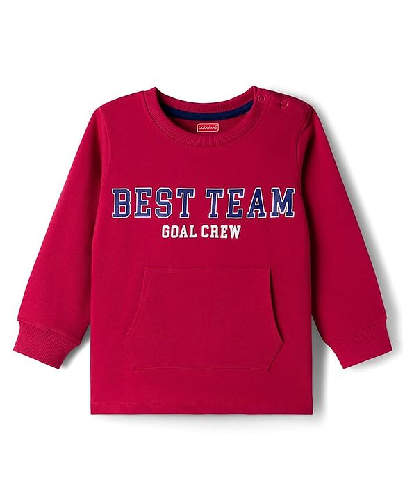 Babyhug Single Jersey Knit Full Sleeves Text Printed T-Shirt & Lounge Pant with Kangaroo Pockets - Red & Blue