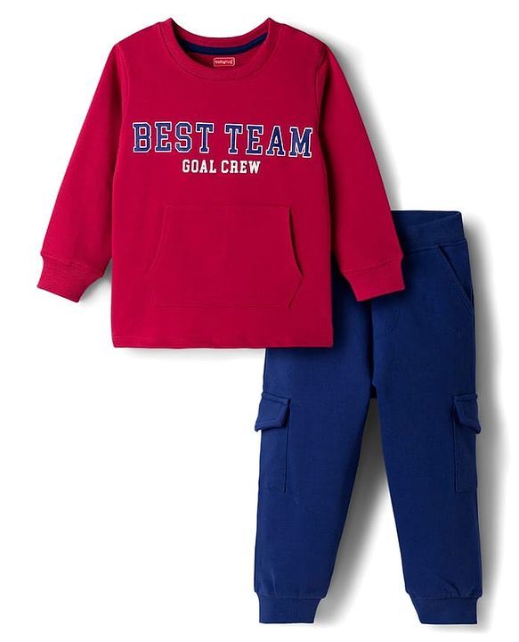Babyhug Single Jersey Knit Full Sleeves Text Printed T-Shirt & Lounge Pant with Kangaroo Pockets - Red & Blue