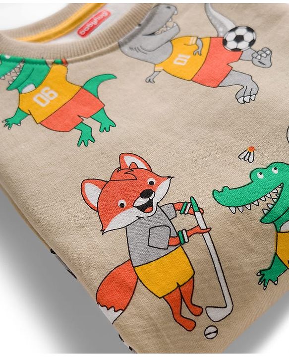 Babyhug Single Jersey Knit Full Sleeves Dino Printed T-Shirt & Lounge Pant Set - Orange