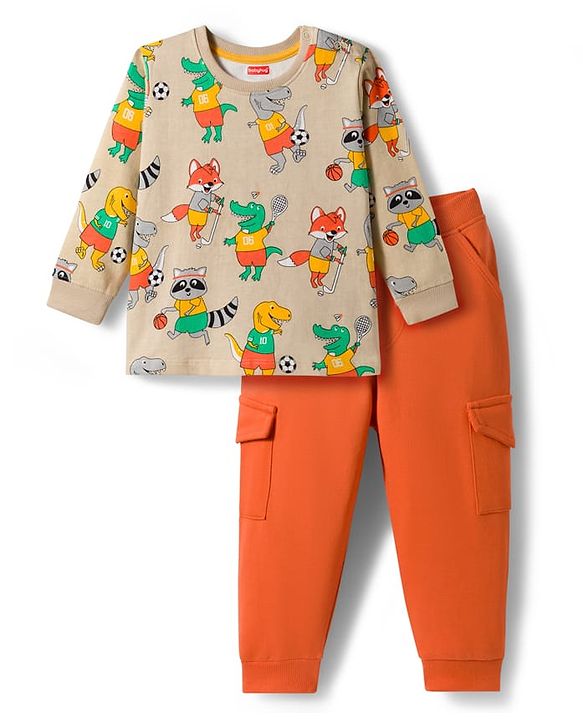 Babyhug Single Jersey Knit Full Sleeves Dino Printed T-Shirt & Lounge Pant Set - Orange