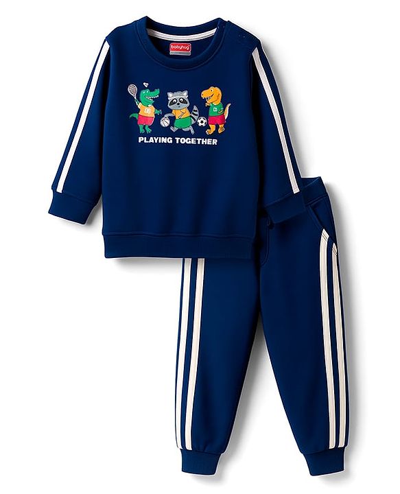 Babyhug Terry Knit Full Sleeves T-Shirt & Lounge Pant Set with Animal Graphic & Tape Detailing - Navy Blue