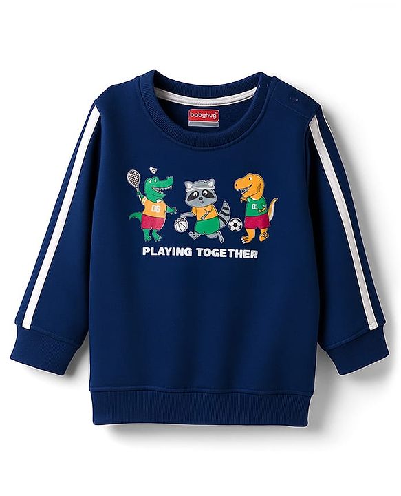 Babyhug Terry Knit Full Sleeves T-Shirt & Lounge Pant Set with Animal Graphic & Tape Detailing - Navy Blue