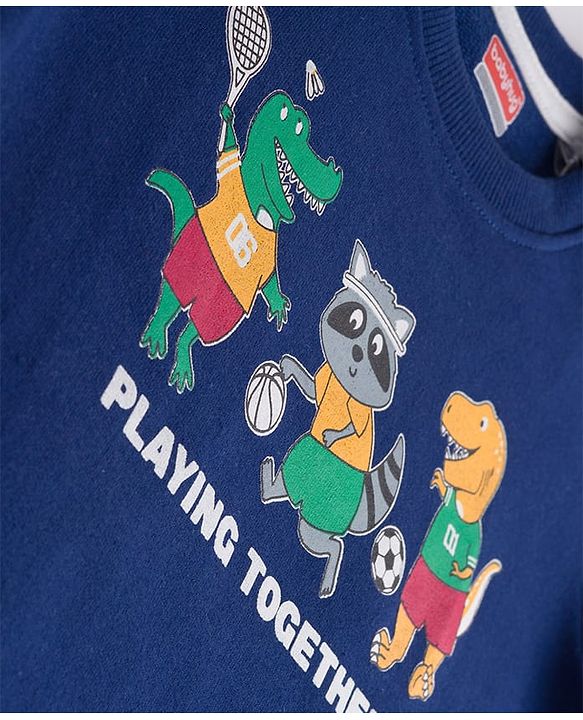 Babyhug Terry Knit Full Sleeves T-Shirt & Lounge Pant Set with Animal Graphic & Tape Detailing - Navy Blue