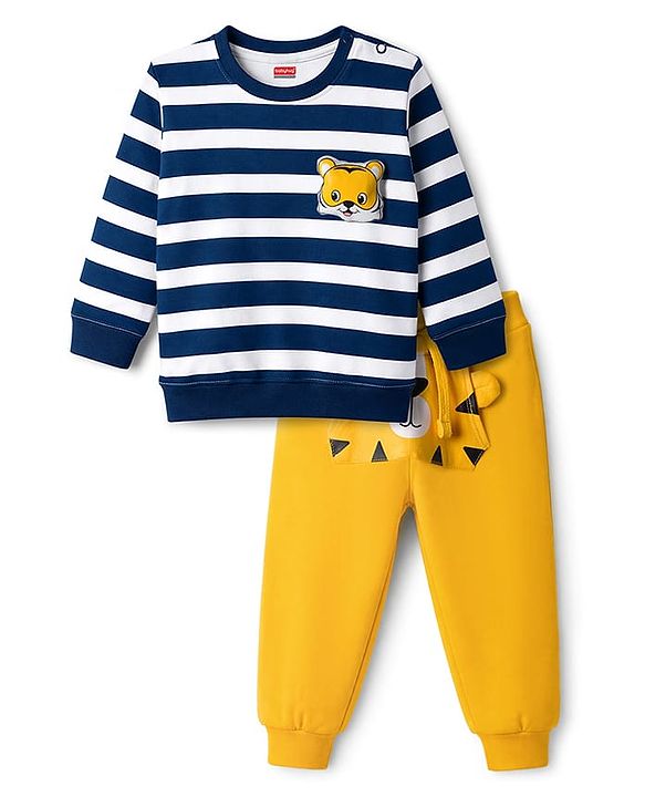 Babyhug Single Jersey Knit Full Sleeves Striped T-Shirt & Lounge Pant Set With Tiger Applique - Navy Blue & Yellow