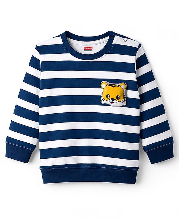 Babyhug Single Jersey Knit Full Sleeves Striped T-Shirt & Lounge Pant Set With Tiger Applique - Navy Blue & Yellow