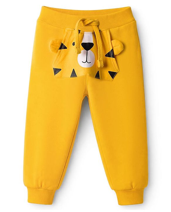 Babyhug Single Jersey Knit Full Sleeves Striped T-Shirt & Lounge Pant Set With Tiger Applique - Navy Blue & Yellow
