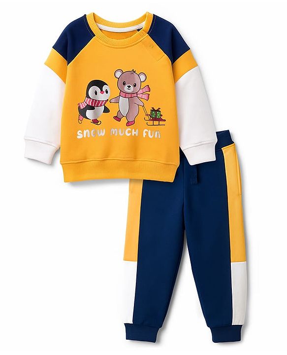 Babyhug Single Jersey Knit Full Raglan Sleeves T-Shirt & Lounge Pant Set With Animal Print - Yellow & Navy Blue