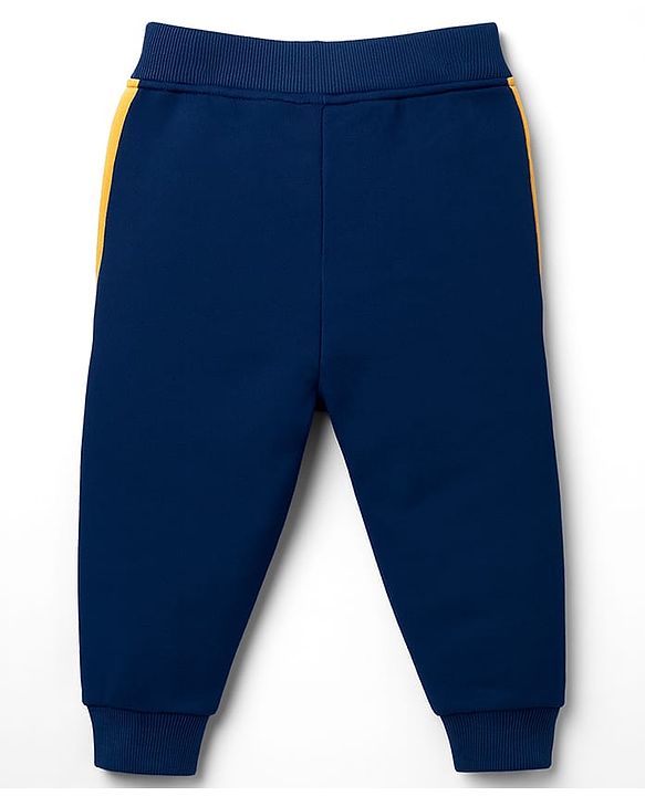Babyhug Single Jersey Knit Full Raglan Sleeves T-Shirt & Lounge Pant Set With Animal Print - Yellow & Navy Blue