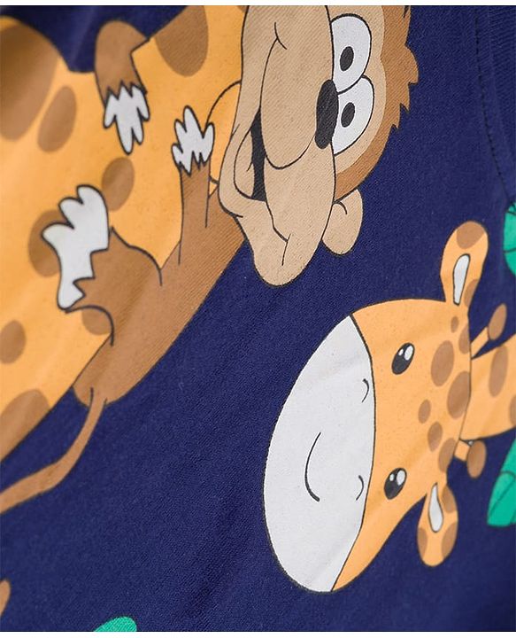 Babyhug Single Jersey Knit Full Sleeves T-Shirt & Lounge Pant Set with Animal Graphic - Yellow & Navy Blue