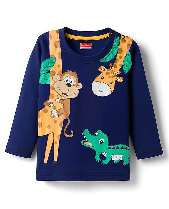 Babyhug Single Jersey Knit Full Sleeves T-Shirt & Lounge Pant Set with Animal Graphic - Yellow & Navy Blue