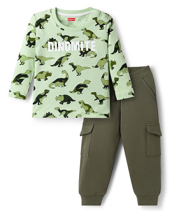 Babyhug Terry Knit Full Sleeves Dino Printed T-Shirt & Lounge Pant Set - Green