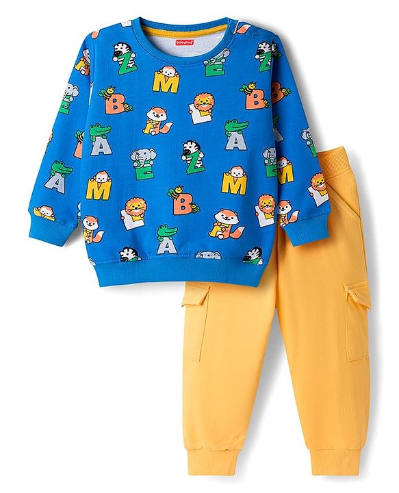 Babyhug Terry Knit Full Sleeves Alphabet Printed T-Shirt & Lounge Pant Set - Yellow & Blue