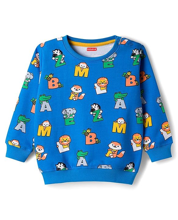 Babyhug Terry Knit Full Sleeves Alphabet Printed T-Shirt & Lounge Pant Set - Yellow & Blue
