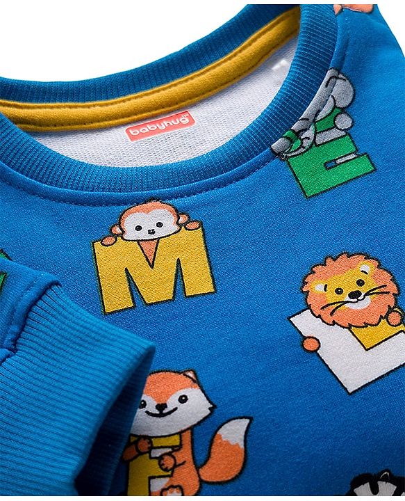 Babyhug Terry Knit Full Sleeves Alphabet Printed T-Shirt & Lounge Pant Set - Yellow & Blue