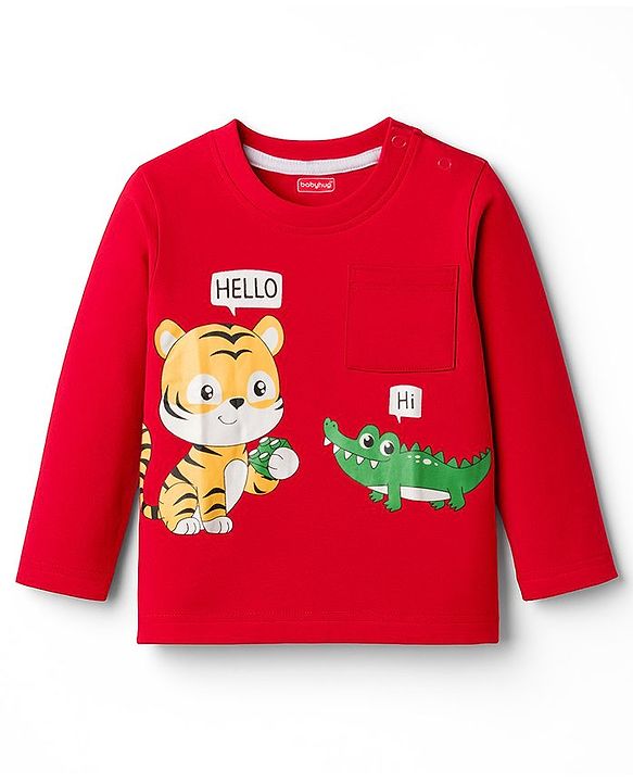 Babyhug Single Jersey Knit Full Sleeves T-Shirt & Lounge Pant Set With Animal Print - Red & Blue