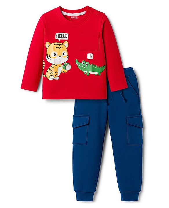 Babyhug Single Jersey Knit Full Sleeves T-Shirt & Lounge Pant Set With Animal Print - Red & Blue
