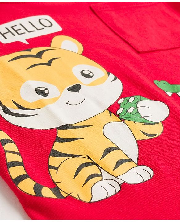 Babyhug Single Jersey Knit Full Sleeves T-Shirt & Lounge Pant Set With Animal Print - Red & Blue
