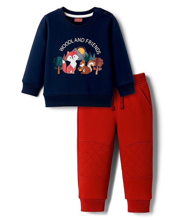 Babyhug Terry Knit Full Sleeves T-Shirt & Lounge Pant Set With Animal Print - Navy Blue & Maroon