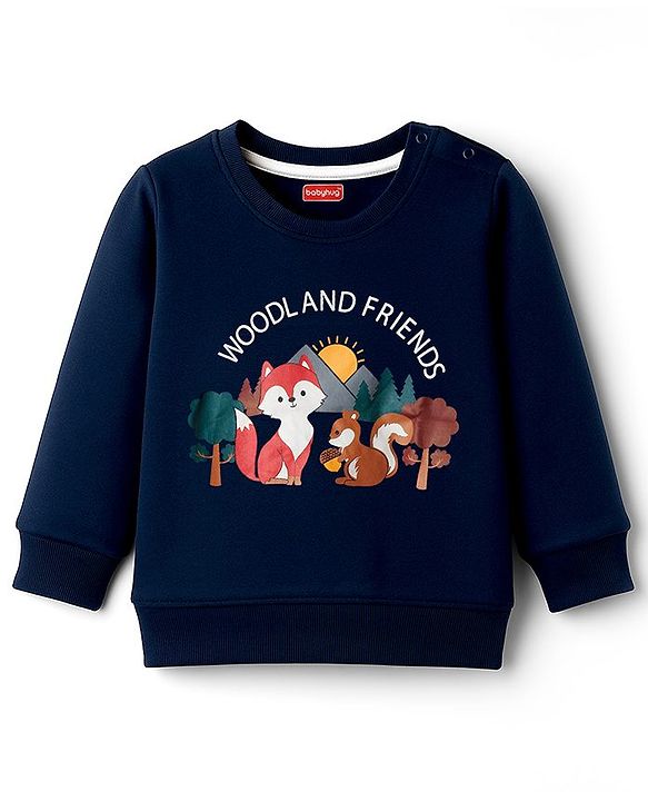 Babyhug Terry Knit Full Sleeves T-Shirt & Lounge Pant Set With Animal Print - Navy Blue & Maroon