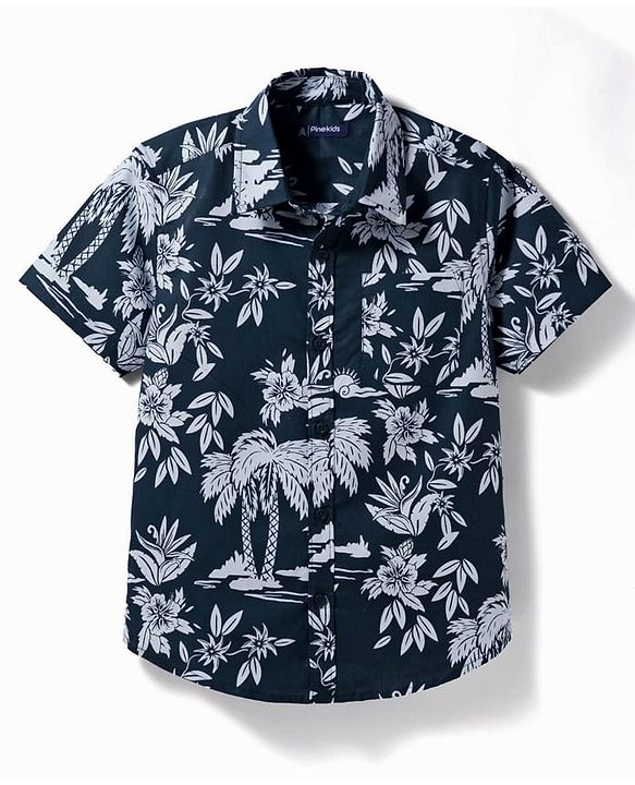 Pine Kids Woven Half Sleeves Shirt With Tree Print - Multicolor