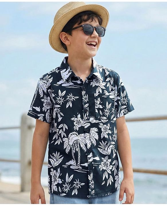 Pine Kids Woven Half Sleeves Shirt With Tree Print - Multicolor