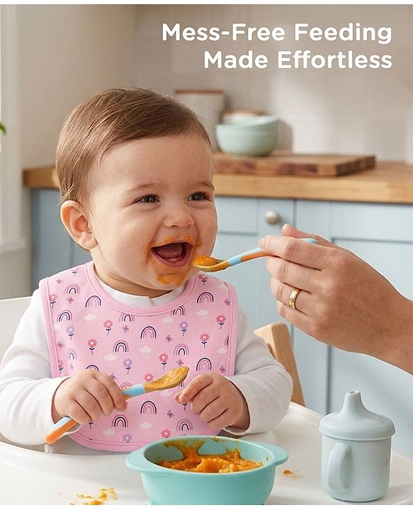 Babyhug 100% Interlock Cotton Velcro Closure Bibs Pack of 3 Rabbit, Rainbow & Floral Print Soft & Skin Friendly High Absorbent Material| Machine washable Newborn & Infant Feeding Essential.