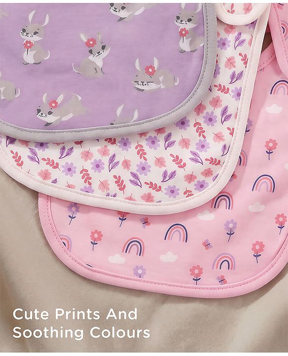 Babyhug 100% Interlock Cotton Velcro Closure Bibs Pack of 3 Rabbit, Rainbow & Floral Print Soft & Skin Friendly High Absorbent Material| Machine washable Newborn & Infant Feeding Essential.