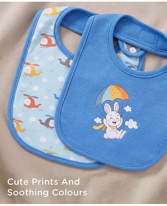 Babyhug Cotton Snap Buttons Closure Bear Print Pack of 2 - Blue & White