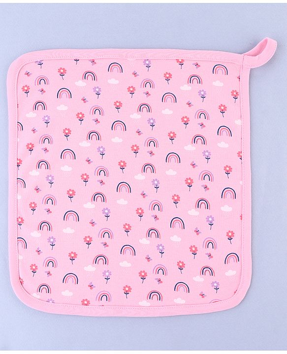 Babyhug 100% Interlock Cotton Double Layer Wash Cloth Rabbit, Rainbow and Floral Print Pack of 3 - Multicolor| High Absorbency| Feeding & Diapering| Bath & Face Towel| Soft & Skin Friendly