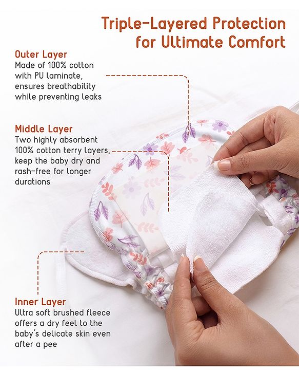 Babyhug Leak Proof Cloth Langot Pack of 6 Small Size Rabbit Rainbow and Floral Print | Triple Layer Protection | Reusable | Designed for Short Term Comfy Wear | Mess Free - Lilac