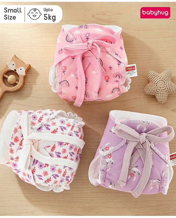 Babyhug Leak Proof Cloth Langot Pack of 3 Small Size Rabbit Rainbow and Floral Print | Triple Layer Protection | Reusable | Designed for Short Term Comfy Wear | Mess Free - Plum