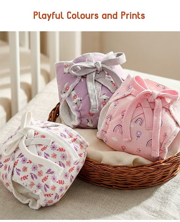 Babyhug Leak Proof Cloth Langot Pack of 3 Small Size Rabbit Rainbow and Floral Print | Triple Layer Protection | Reusable | Designed for Short Term Comfy Wear | Mess Free - Plum