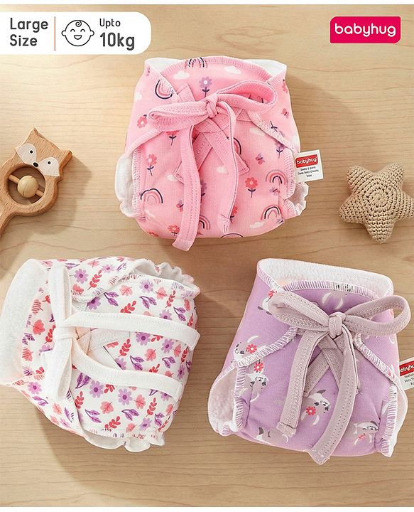 Babyhug Leak Proof Cloth Langot Pack of 3 Small Size Rabbit Rainbow and Floral Print | Triple Layer Protection | Reusable | Designed for Short Term Comfy Wear | Mess Free - Plum