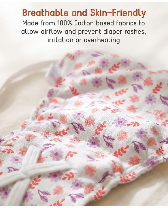 Babyhug Leak Proof Cloth Langot Pack of 3 Small Size Rabbit Rainbow and Floral Print | Triple Layer Protection | Reusable | Designed for Short Term Comfy Wear | Mess Free - Plum